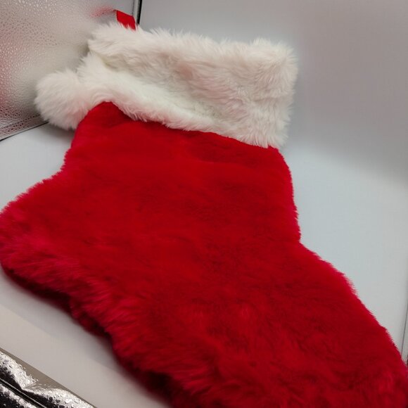 Large Red Faux Fur Christmas Stocking with White Trim and Pom Poms - Picture 1 of 10